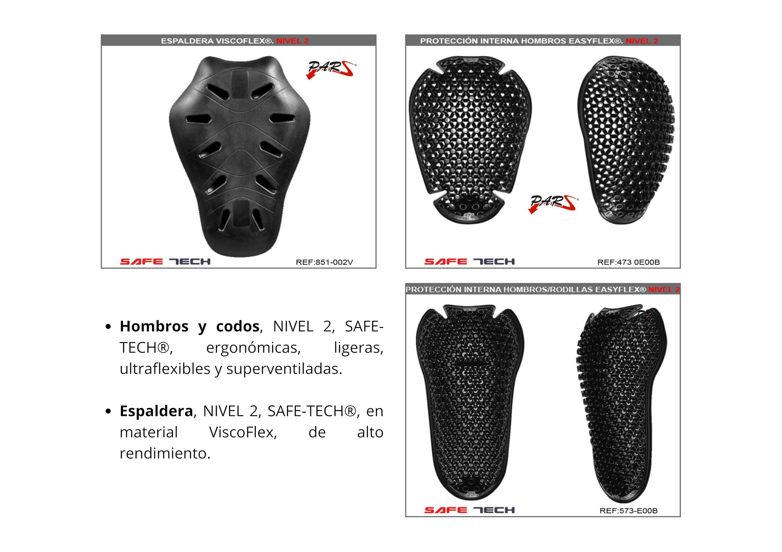 Protectores de Moto Nivel 2 SafeTech, Certificados de Alta Seguridad. Pack de 5 (x1 Protector de Espalda, x2 Protector de Codos, x2 Protector de Hombros)