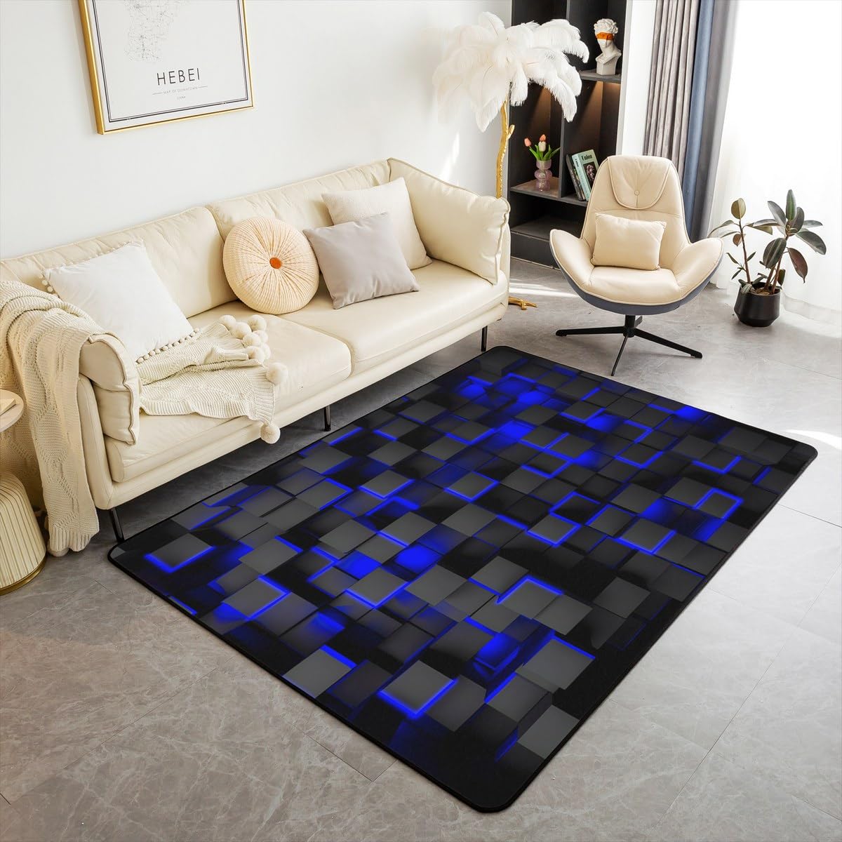 Feelyou Blue and Black Rugs for Living Room Bedroom 5x7 Light Geometric Area Rug for Kids Boys Decor Decorative Carpet Set Modern Style Indoor Floor