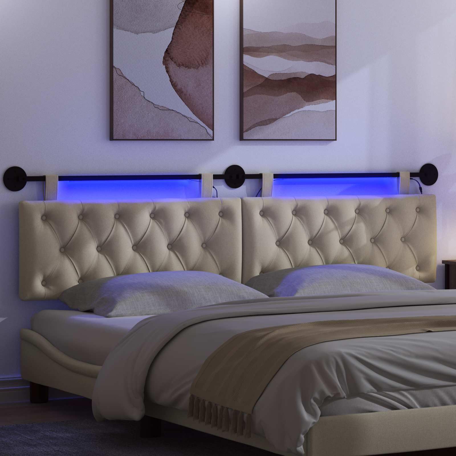Wiszący zagłówek z oświetleniem LED, kremowy materiał, 210 x 55 x 7 cm, montaż ścienny z drewnianą ramą i metalowymi akcesoriami, uniwersalny panel ścienny do sypialni, salonu