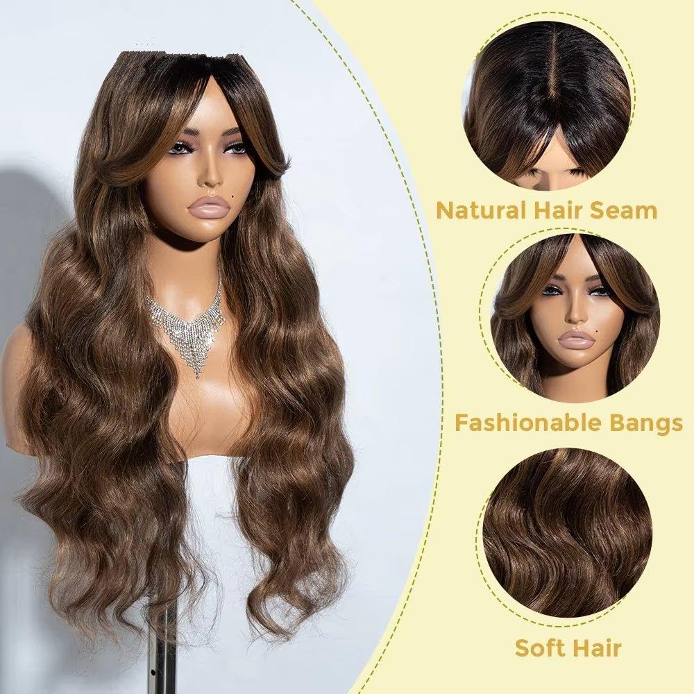 Haarpflege Spitzeperücken Für Schwarze Frauen 28 Zoll Lange Gewellte Mittelteil-Spitzenperücke Mit Pony Ombre-Blond-Braun(3)
