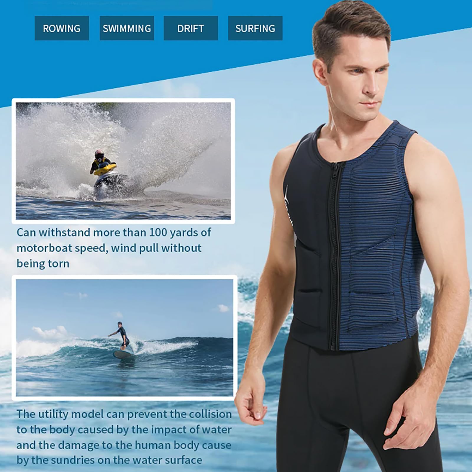 Gilet in neoprene Impact per adulti, progettato per wakesurf e skimboard, ideale per canottaggio, rafting, surf e tutte le attività sportive acquatiche