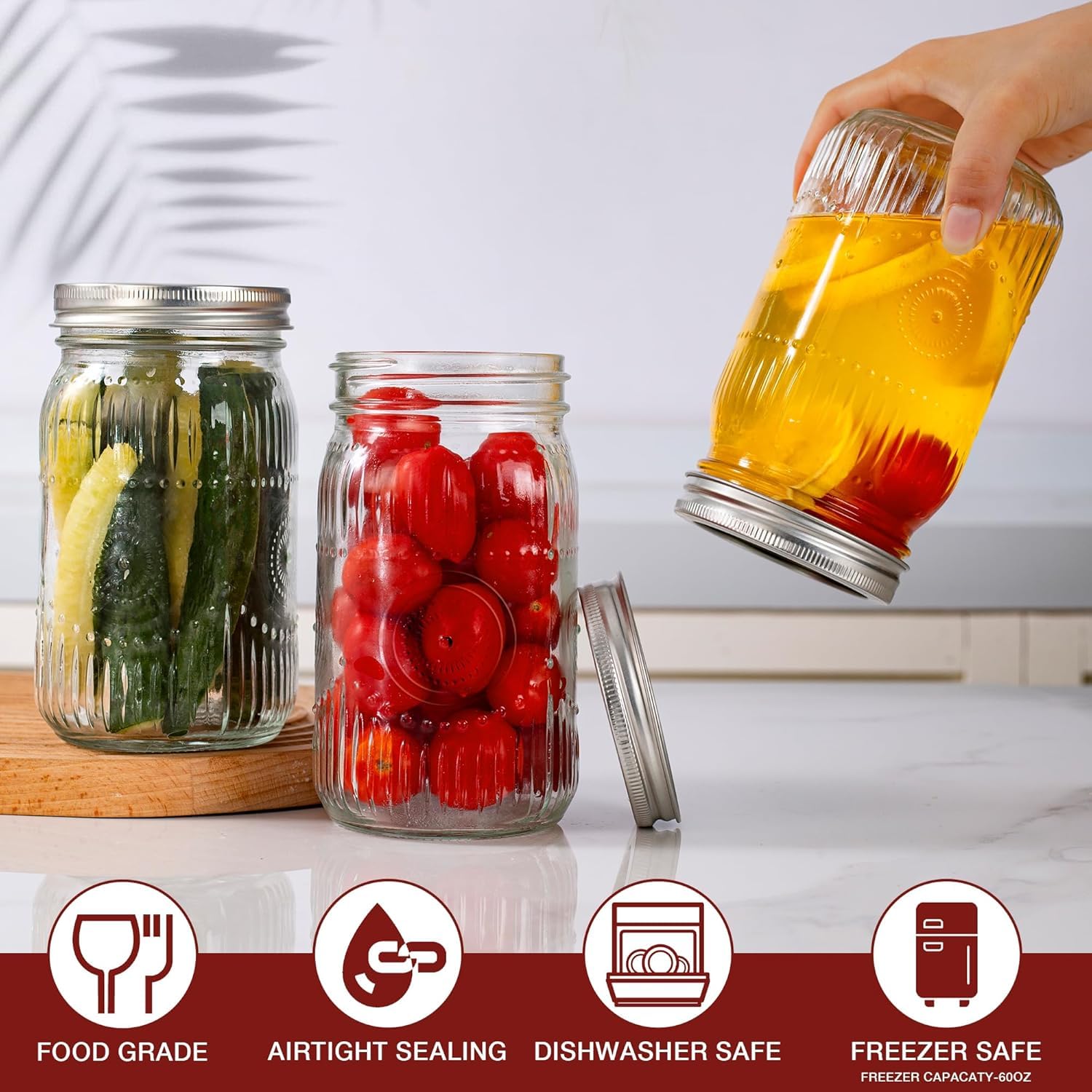 Pack de 4 Tarros de Cristal con Tapa, Vasos con tapón de rosca