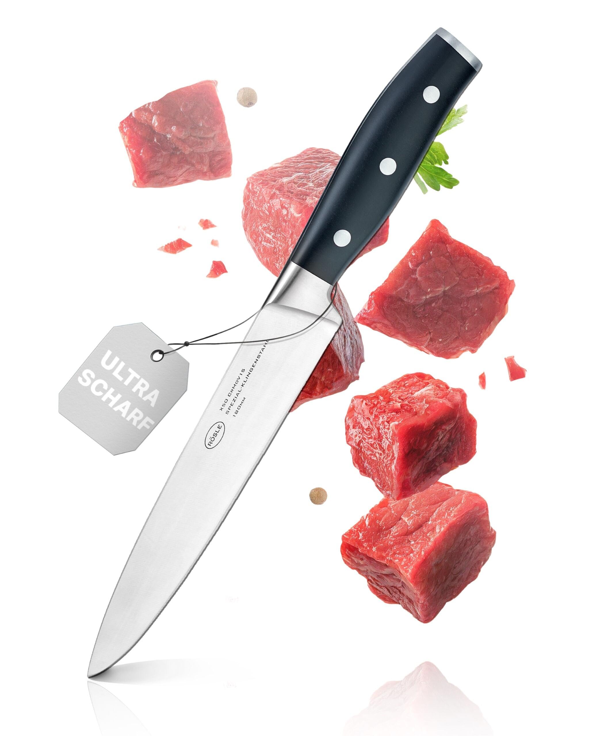 RÖSLE Fleischmesser Tradition 18 cm - Hochwertiges und scharfes Küchenmesser zum Schneiden von Fleisch und Tranchieren von Filets, ein scharfes Kochmesser mit ergonomischem Griff und Fingerschutz
