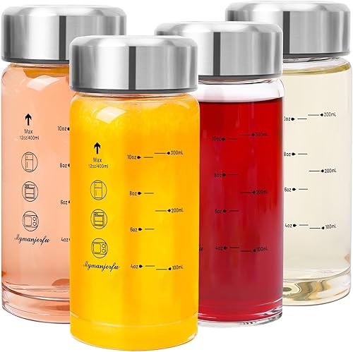 Botellas de vidrio para jugo, paquete de 4 botellas de agua de vidrio de boca ancha con tapas, para jugos, licuados, leche, proteínas, sin BPA,