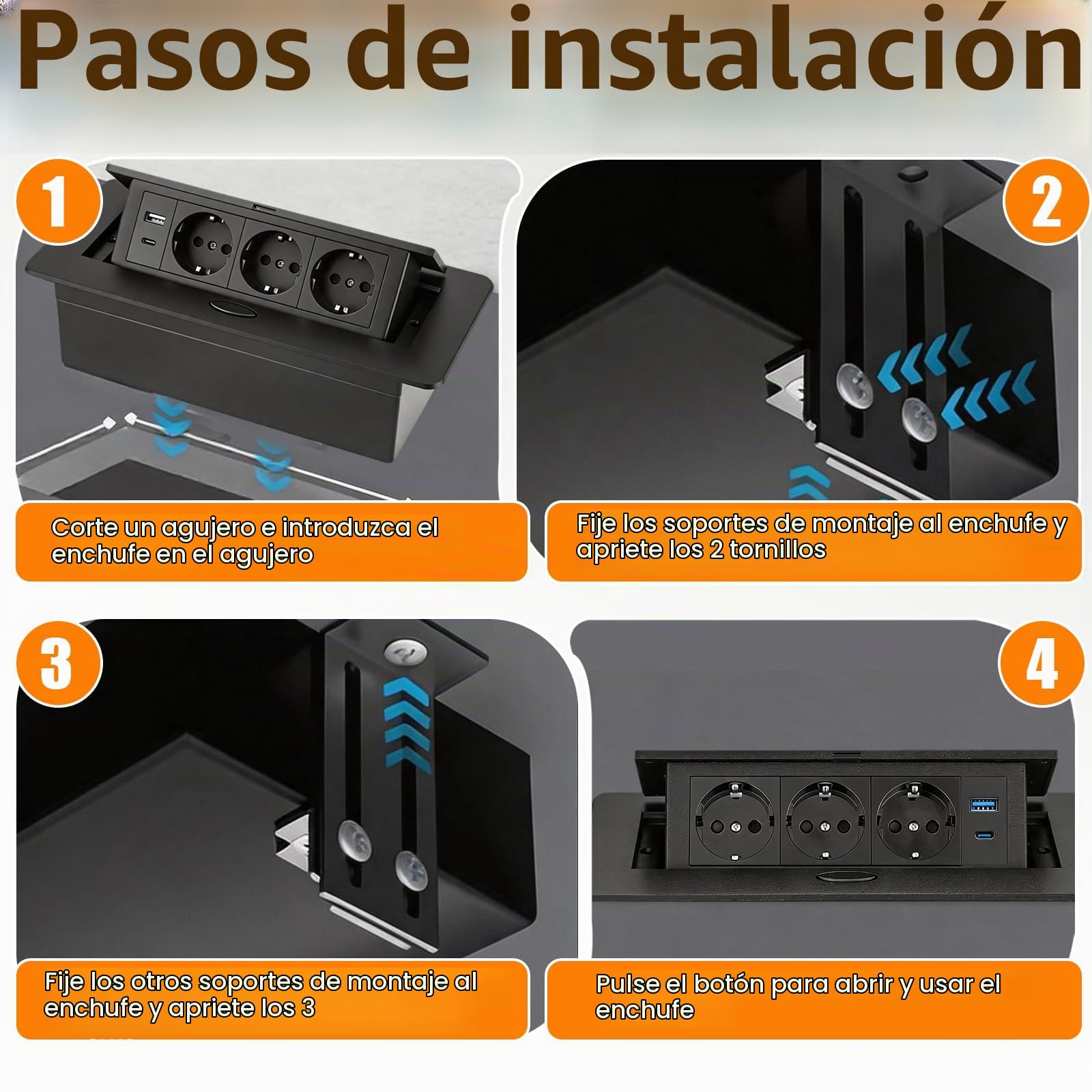 BRGD Enchufe Empotrable de Aluminio, Negro Regleta Retractil 3 Enchufes con Cable de 1,8m y USB para Mesa, Cocina, Banco de Trabajo y Lateral de Armario, 250 V/16 A