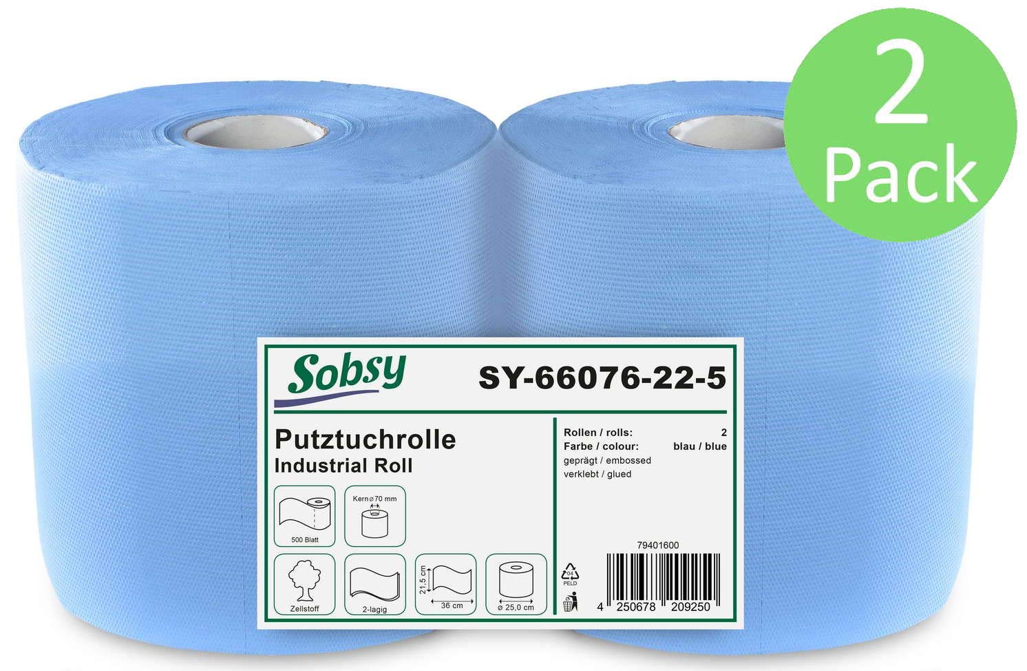 2 rotoli di carta blu assorbente, con supporto a parete, 1000 fogli, 22 x 36 cm, 2 strati di carta perforata, per industria, officina e ristorante, diametro 25 cm