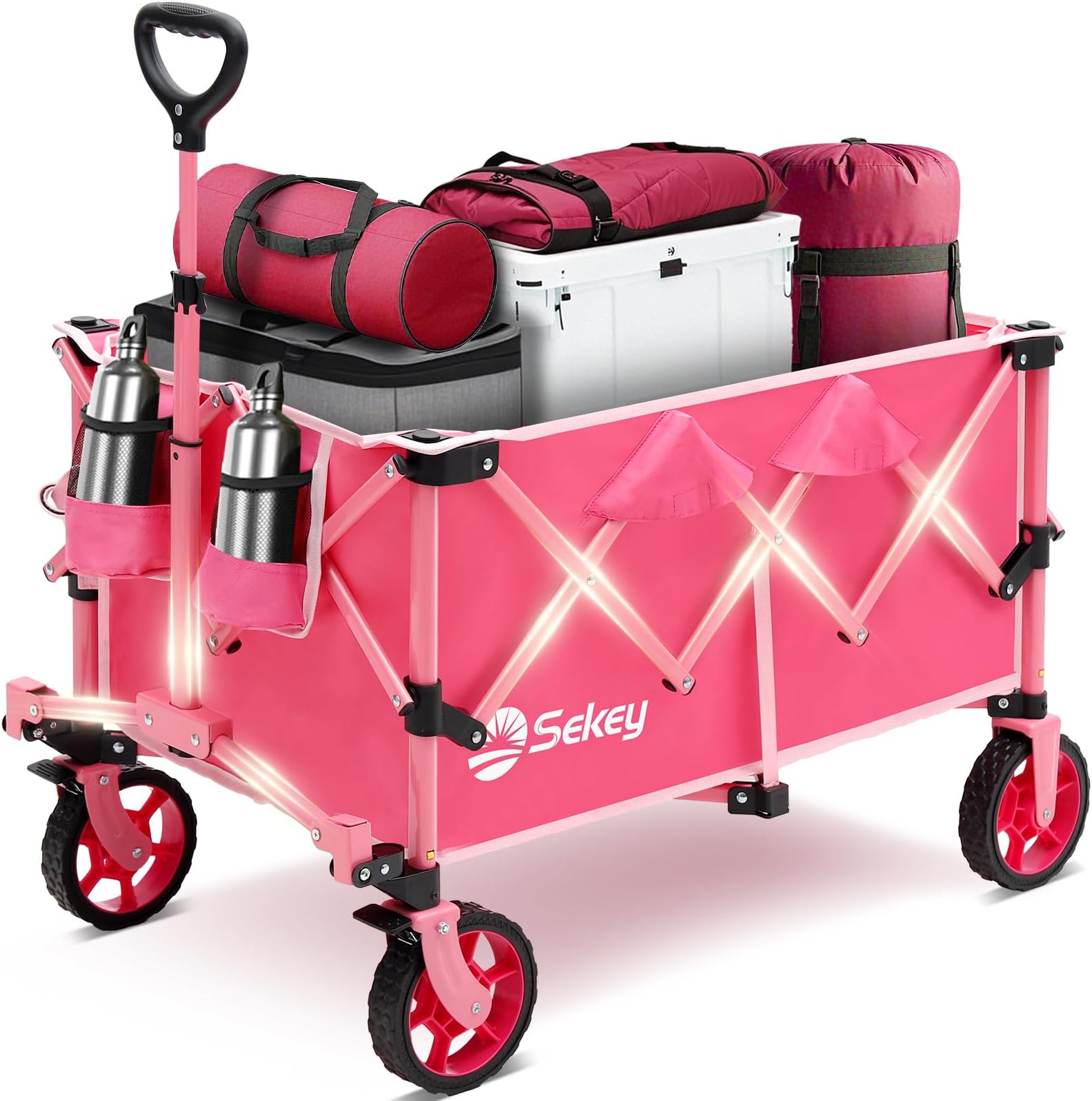 Collapsible Foldable Wagon with 300lbs Weight Capacity, Heavy Duty Folding Wagon Cart with Big All-Terrain Wheels & Drink Holders.Pink