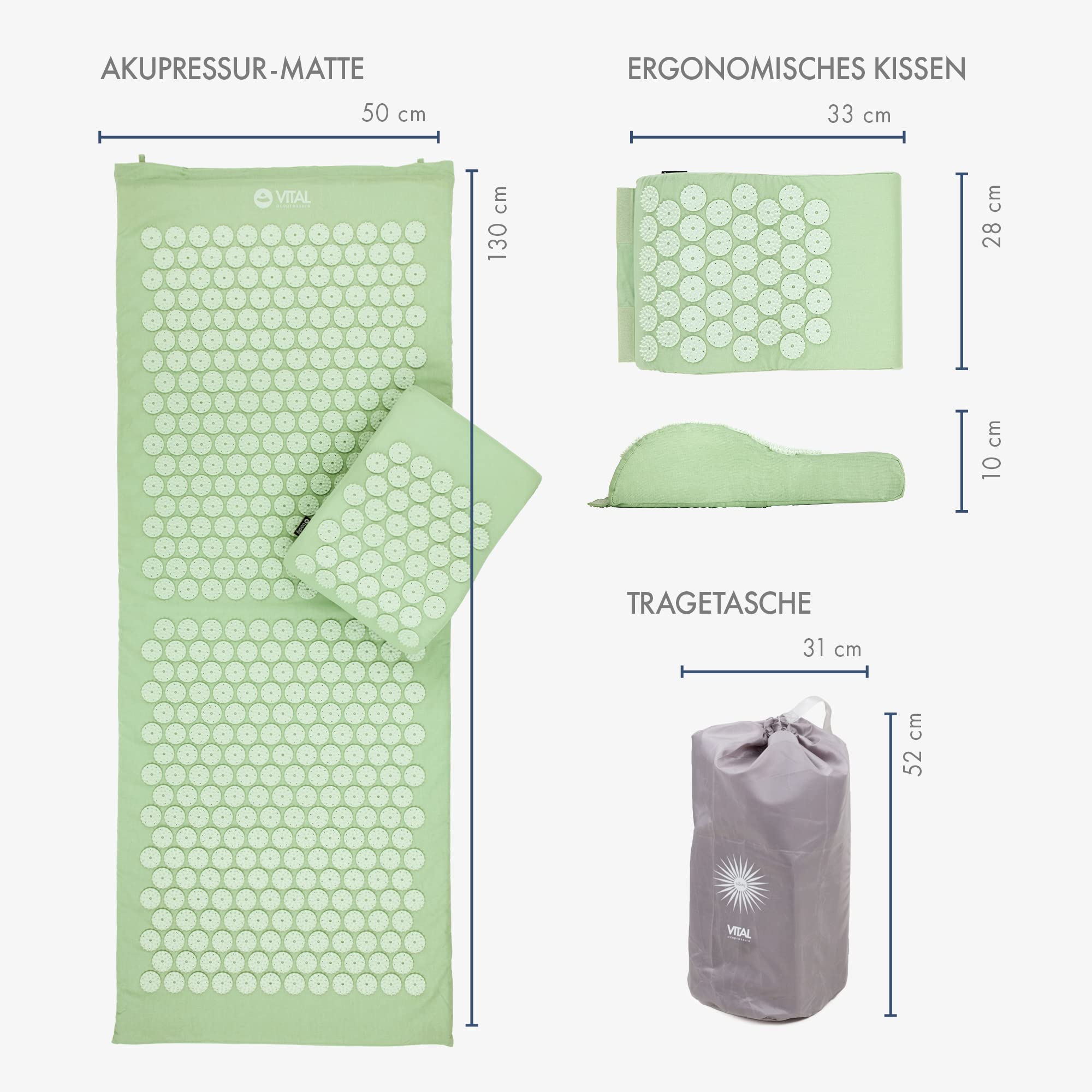Set de acupresión Vital XL: esterilla de acupresión (130 x 50 cm) y cojín de acupresión en un juego económico, esterilla revitalizante para la espalda y almohada para el cuello (verde pastel)