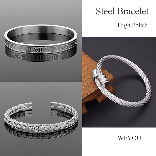 Miniatura 7 de WFYOU 3 pulseras de acero inoxidable para hombres, pulseras de oro con números romanos, pulseras trenzadas, pulseras ajustables para hombre, joyería