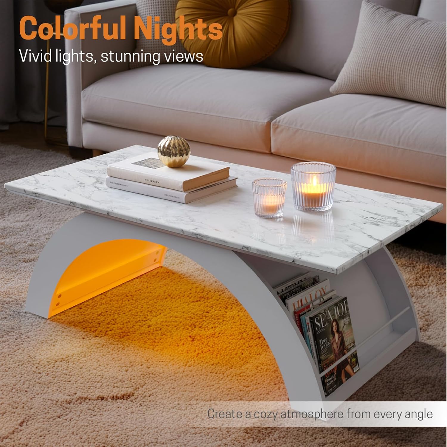45.3" Marble-Patterned Coffee Table, Small Coffee Table with RGB Led Strip for Living Room, Dining Room, Office, Marble White Wood