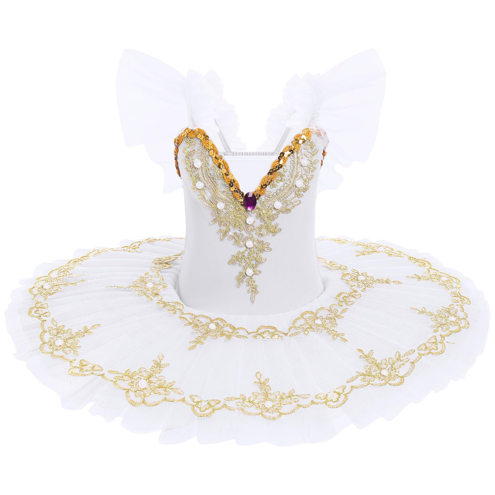 IDOPIP Robe de ballet pour fille - Tutu de danse - Motif cygne - Manches volantées - Paillettes brodées - Avec pince à cheveux