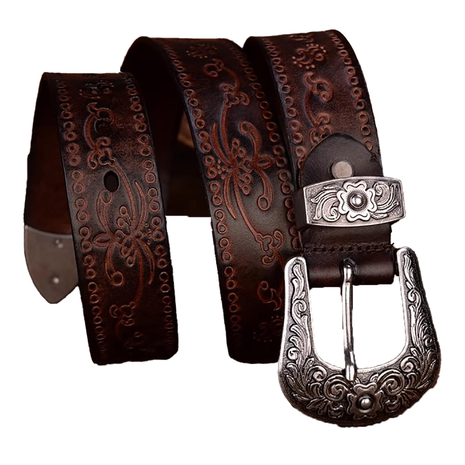 Cintura Western In Vera Pelle Con Rilievo Floreale – Unisex, Extra Lunga 105-150cm, Larga 35mm - 5
