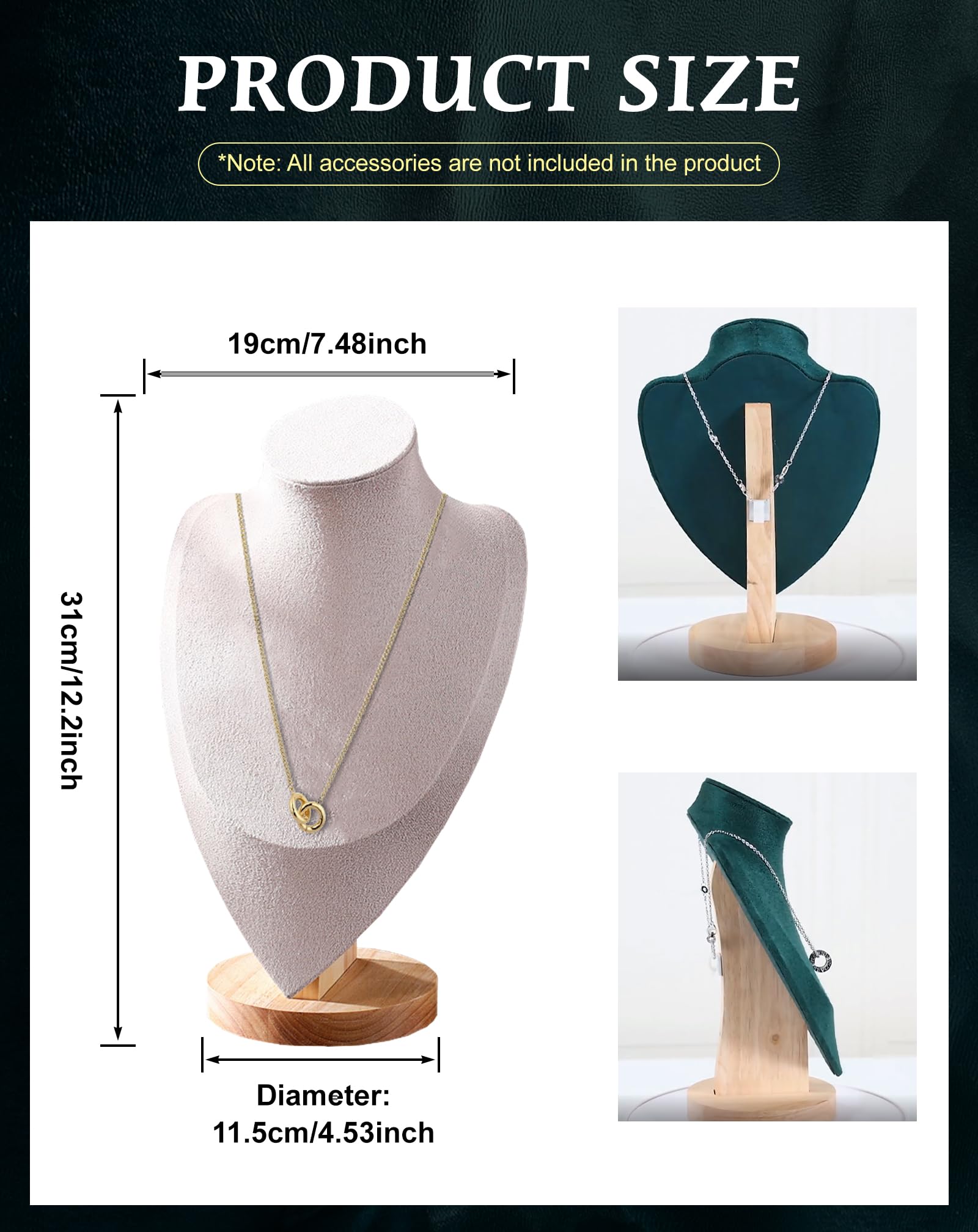 TINGSING Velvet Necklace Display Stand Jewelry Bust Display Stands with Wood Base Mannequin Necklace Pendant Chain Holder Organizer for Jewelry Showcase Boutiques - Image 3