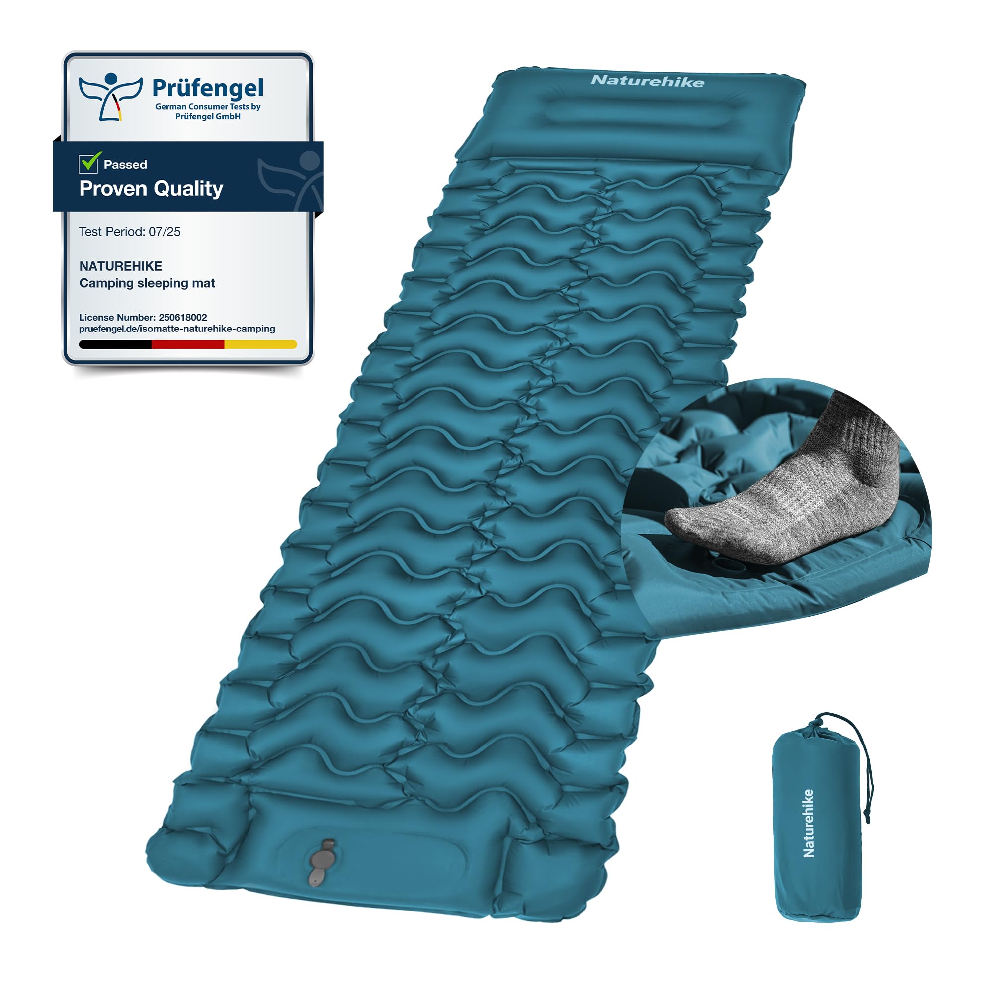 Naturehike Camping Sleeping Pad with Pillow, Ultralight Inflatable Sleeping Mat with Built-in Foot Pump for Easy Inflation, Suitable for Bike Touring and Hiking Tents