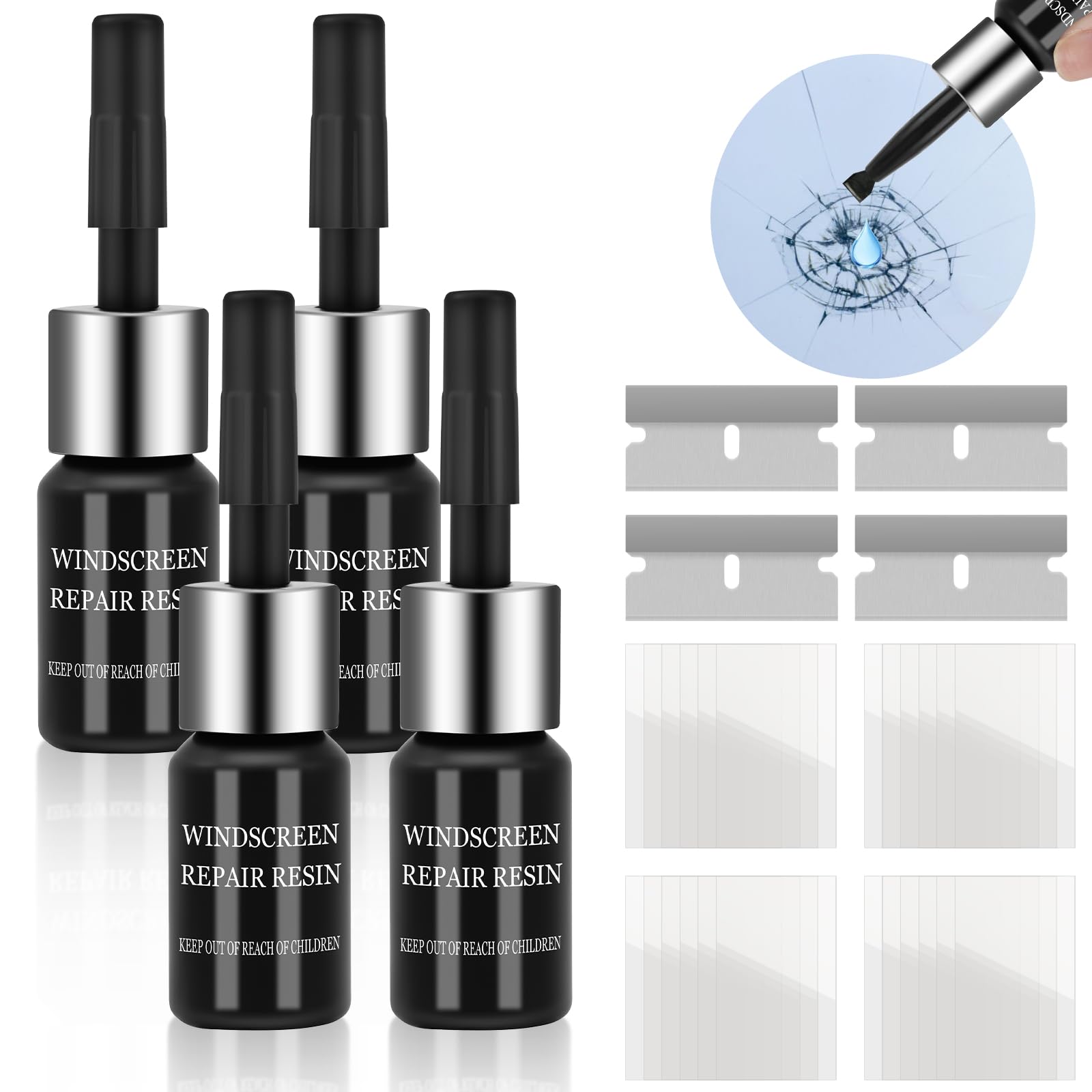 flintronic Kit Riparazione Parabrezza Auto, 4 Pezzi Liquido Riparazione Vetri Auto, Kit di Strumenti di Riparazione Parabrezza, per Riparare Le Incrinature, Scheggiature, Fessure e Graffi