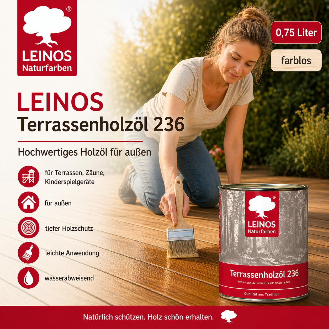 Leinos 236 naturalny olej do drewna na zewnątrz 002 bezbarwny 0,75 l