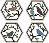CHDITB 4Pcs Wooden Bird on Birch Tree Branch Wall Art, Boho Modern Green Leaves Silhouette Bird Laser Cut Artwork, Rustic Farmhouse Nature Wall Hanging Decoration for Living Room Bedroom11x 10
