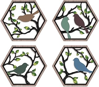 CHDITB 4Pcs Wooden Bird on Birch Tree Branch Wall Art, Boho Modern Green Leaves Silhouette Bird Laser Cut Artwork, Rustic Farmhouse Nature Wall Hanging Decoration for Living Room Bedroom(11"x 10")