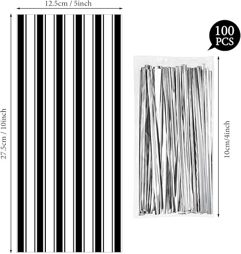 Miniatura 2 de Blulu 100 bolsas de plástico de Halloween con estampado de rayas blancas y negras para dulces o trucos, bolsas de celofán transparente con 100 lazos