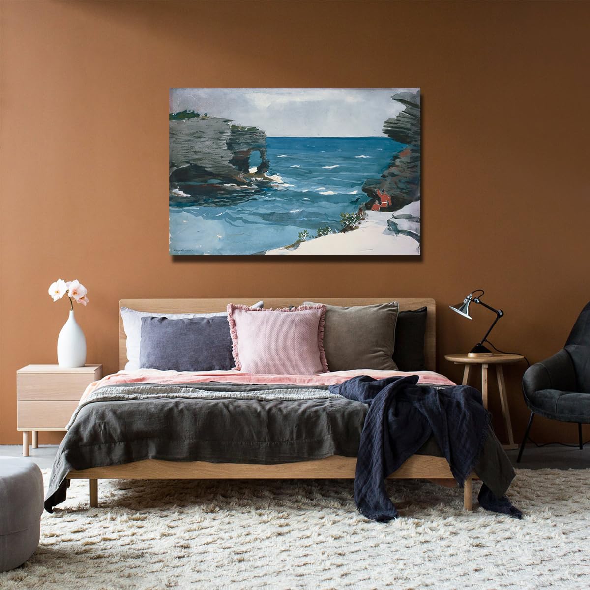Winslow Homer Rocky Shore Bermudy Płótno Wall Art Obraz Estetyczny Nadmorski Krajobraz Malarstwo Wydruki Grafika do Domu Salon 60 x 90 cm Rama wewnętrzna