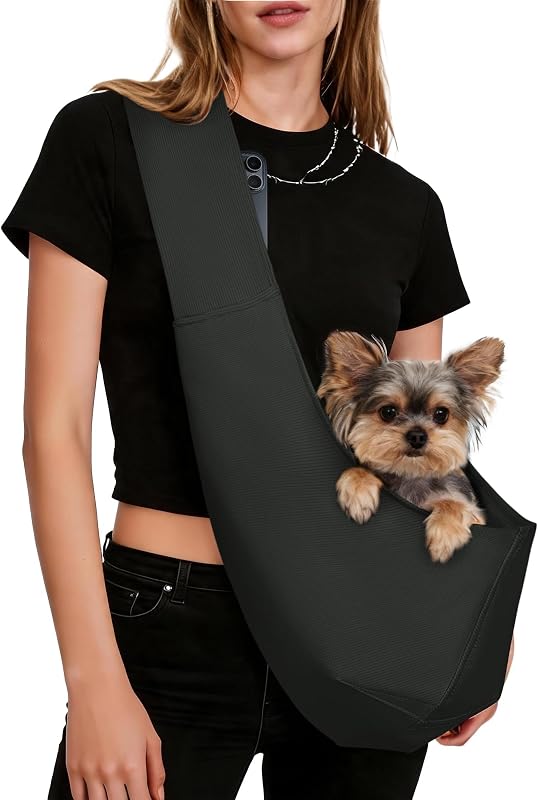YUDODO Dog Sling Carrier for Small Dogs, Lightweight Crossbody Pet Bag | Safety Strap Included, Pocket Storage, Machine Washable, Comfortable Travel & Outdoor Fashion Sling, 4-10lbs, Black