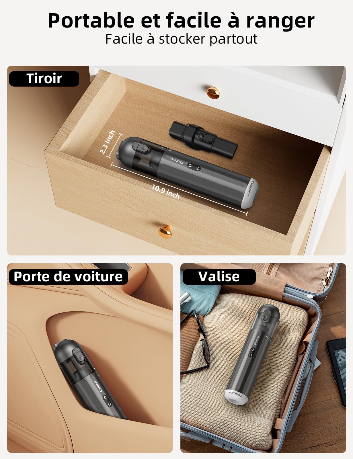 Chuboor Aspirateur Voiture, Aspirateur à Main 14000Pa Mini Aspirateur 6 en 1 Multifonction 25min avec Souffleur d'air/Gonfleur/Pompe/LED et Lumière SOS pour La Maison, La Voiture, L'extérieur