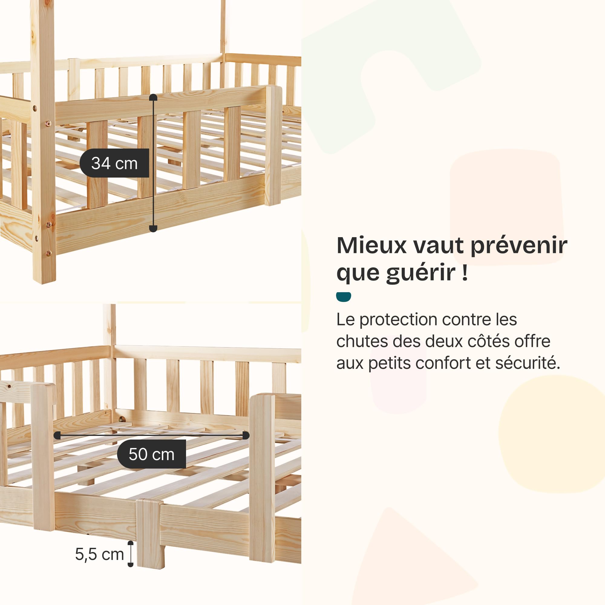 [en.casa] Lit d'enfant Cabane Treviolo 70 x 140 cm Lit Montessori en Forme de Maison avec Barrière et Sommier à Lattes Solide Style Scandinave Capacité de Charge 70 kg Bois de Pin Naturel