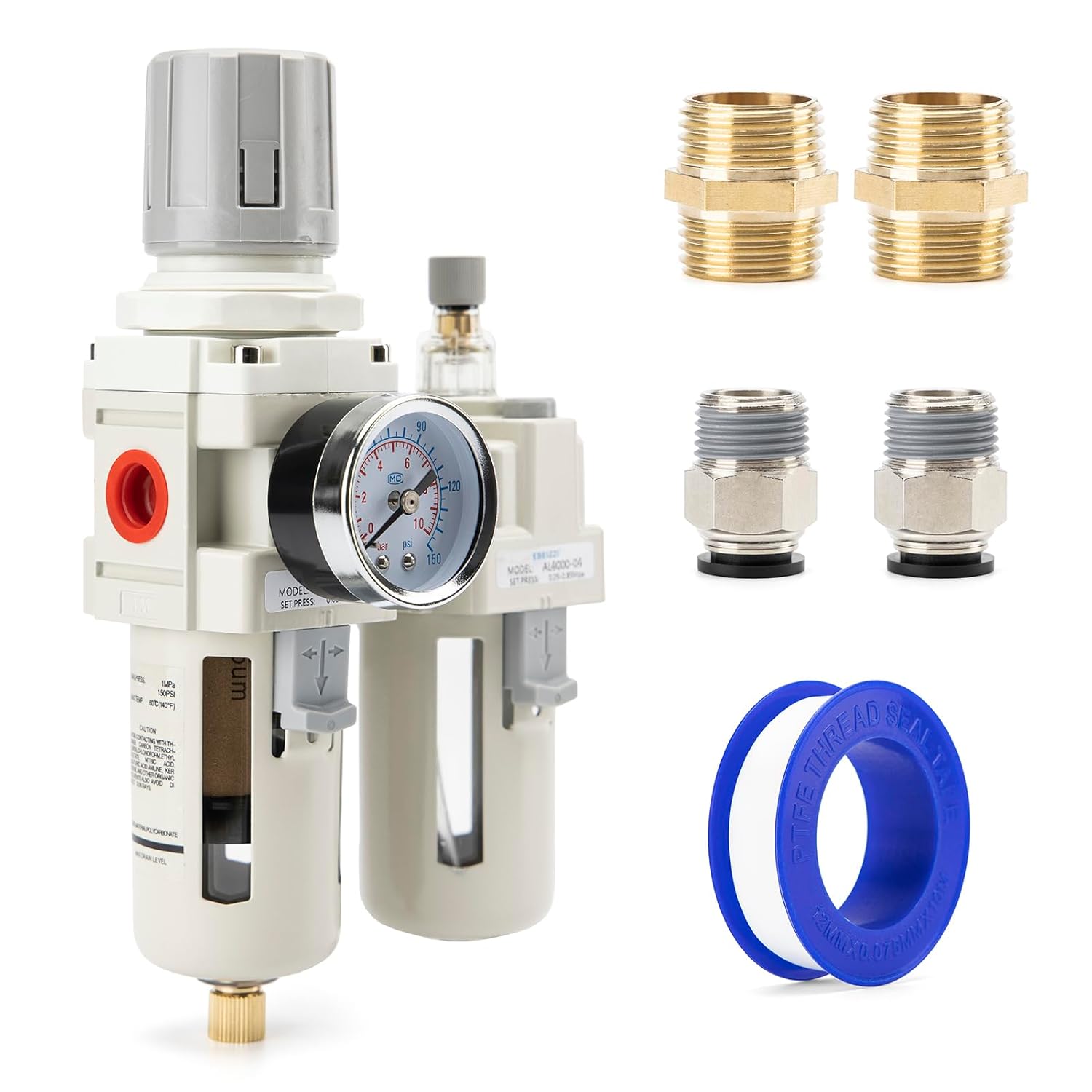 1/2" NPT Air Compressor Water Separator Regulator Filter Combo Compressed Air Filter Dryer Pressure Regulator with Gauge(0-150 psi) Poly Bowl Semi-Auto Drain Bracket - 3 in 1 Two Unit
