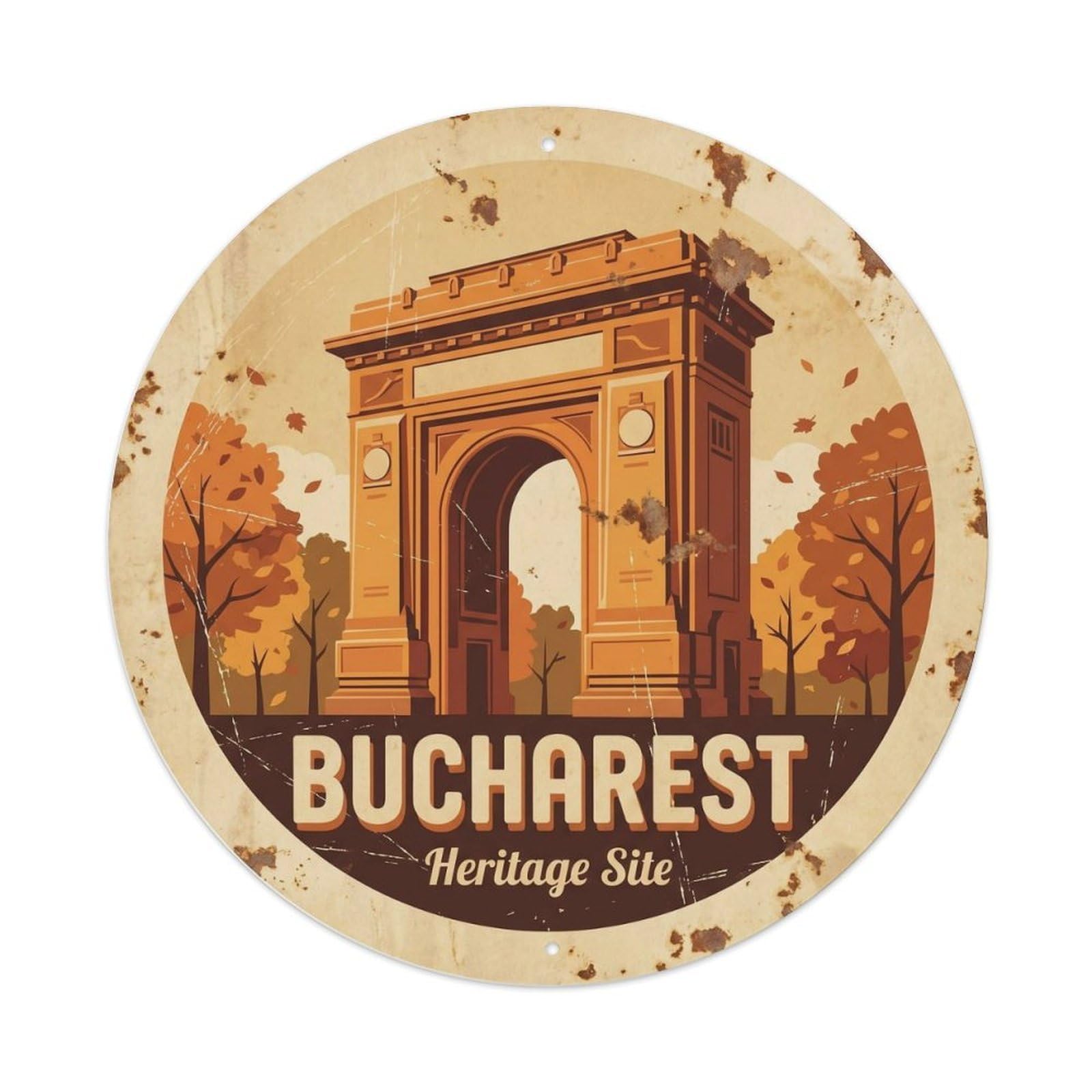 Fqcyn Style Vintage Travel Bucharest Triumph Heritage Metal Tin Sign