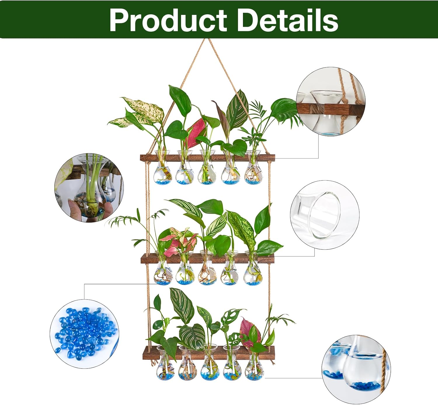 XXXFLOWER Wall Hanging Propagation Station with Wooden Stand 5 Bulb Vase 3 Tiers Planters+Flower Vases Accessories-3 Bulb Vase