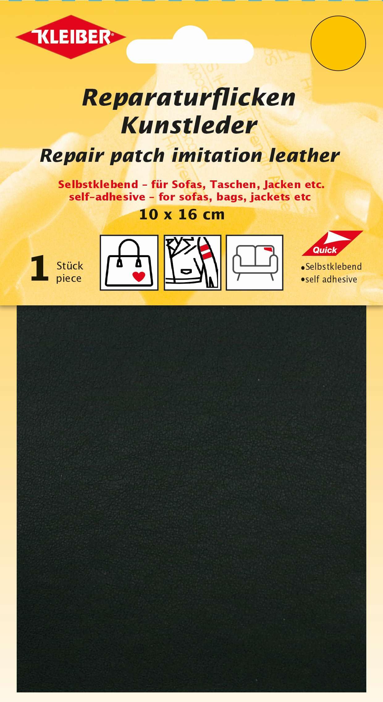 Kleiber Self Adhesive Imitation Leather Repair Patch, 10cm x 16cm Faux Leather Tape for Sofa, Car Seat, Furniture, Handbags, Jackets - Waterproof Peel and Stick Patch – Black (1 Piece)