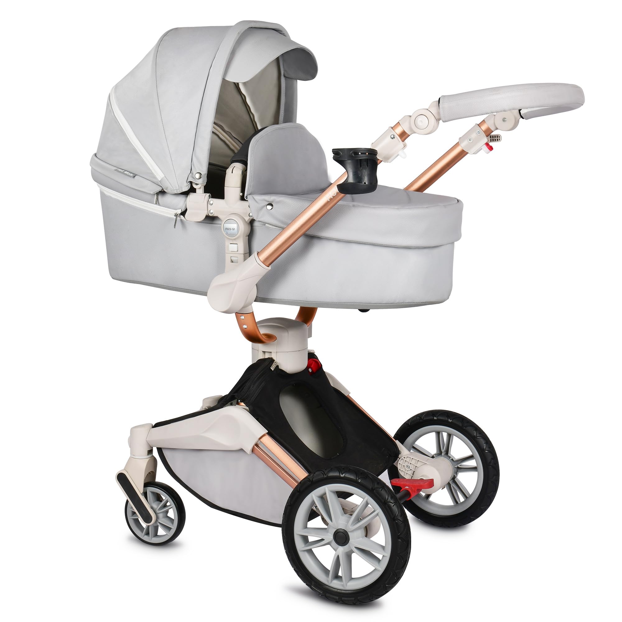 Cochecito de bebé Hot Mom con rotación de 360 grados, cuero de PU, ángulo de asiento ajustable (light gris)