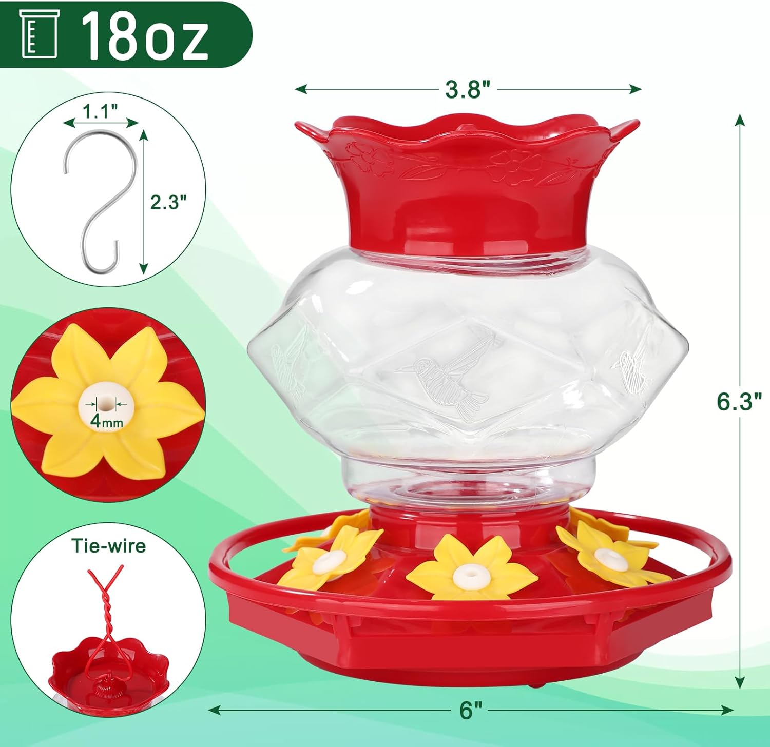 Hummingbird Feeders for Outdoors Hanging Ant and Bee Proof, 18OZ Diamond Humming Bird Feeders for Outside Circular Perch with Leak Proof & 6 Feeding Ports, Gifts for Women,1 Pack Plastic - Image 4