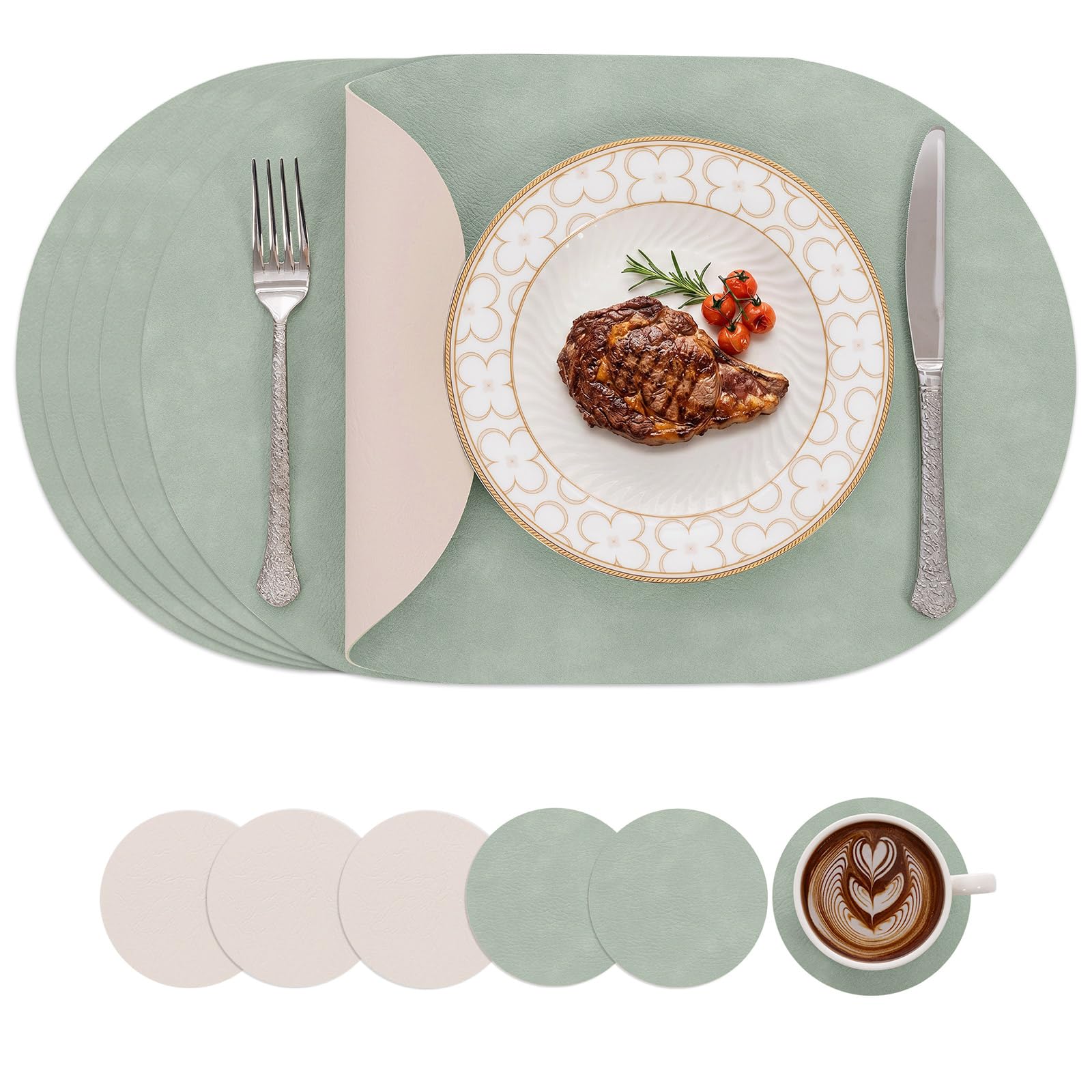 SHACOS Placemats and Coasters Washable Set of 6 Heat Resistant Non Slip Table Mats Wipeable Waterproof Placemat Dual Sided PU Leather Place Mat for Dining Table Green Beige