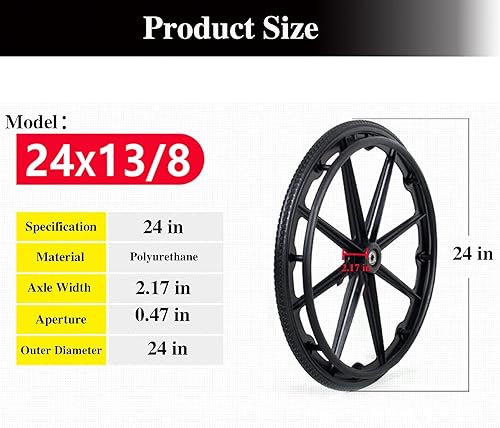 Miniatura 2 de (1PR, negro) Rueda de repuesto de rueda trasera de 24 x 1 pulgadas, conjunto de rueda trasera para sillas de ruedas de 16-18-20 pulgadas, piezas de
