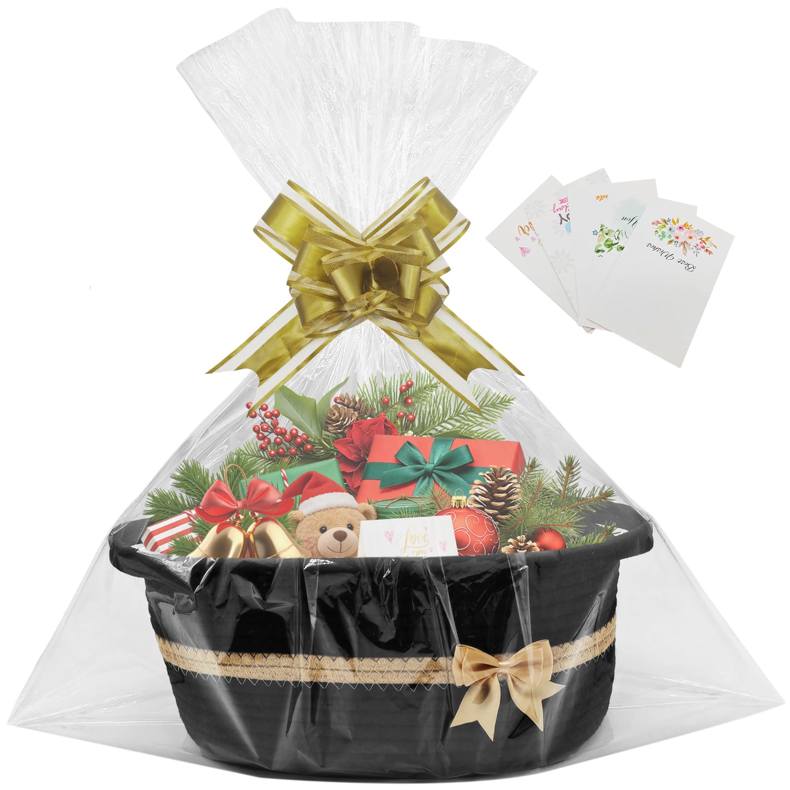 1 Pcs Hamper Basket,Gift Basket Empty with 2 Bags and 3 Pull Bows and 1 Pack Shredded Paper Cotton Rope Basket for Baby Shower,Wedding,Birthday,Easter(14.96 x 9.06 x 5.51 in) (Black)