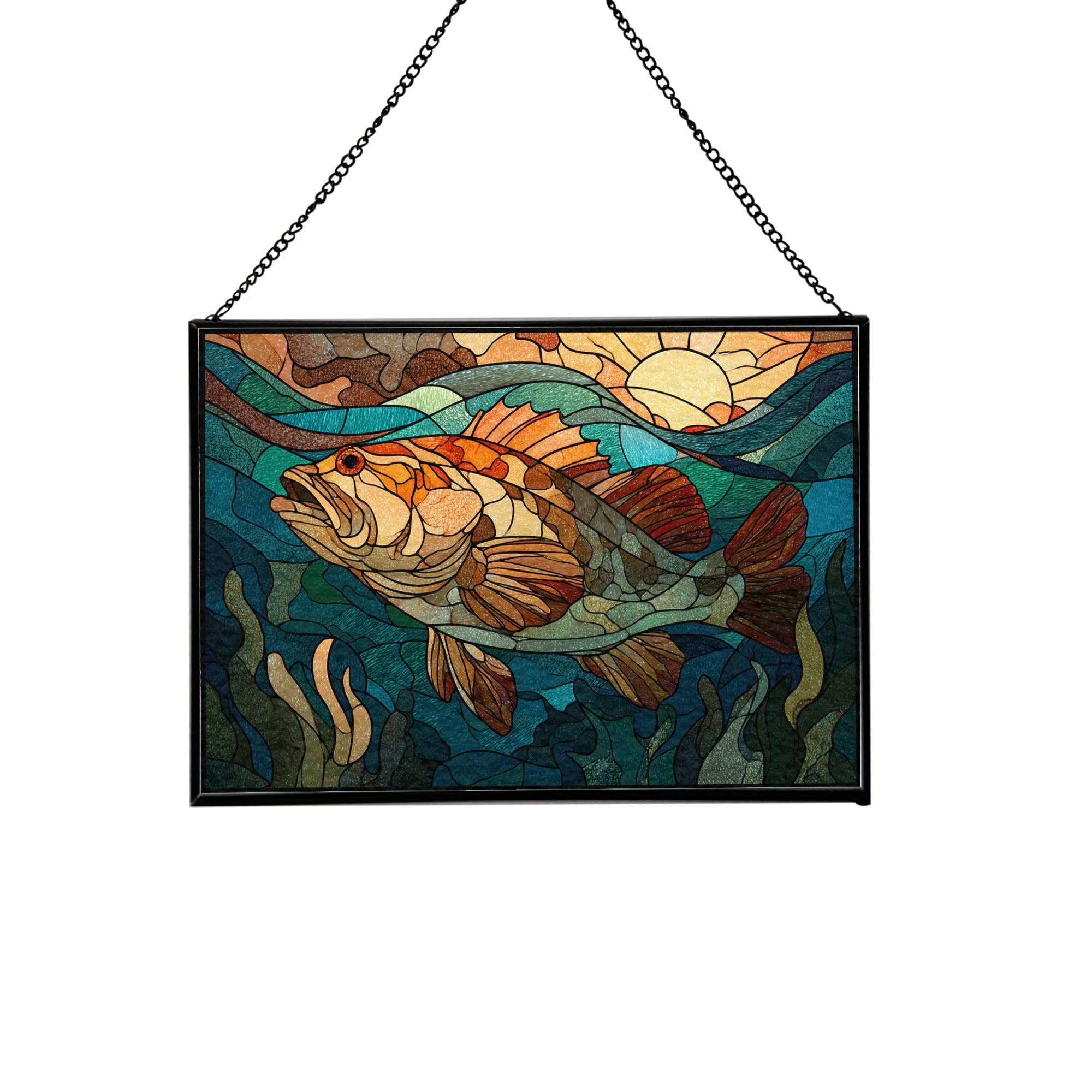 Grenadier Fish Ocean Animal Stained Glass Suncatcher – Rectangular Hanging Window Panel with Underwater Scene – Glass Art Gift for Coastal Decor and Sea Lovers, Christmas, Halloween 7JHsVE