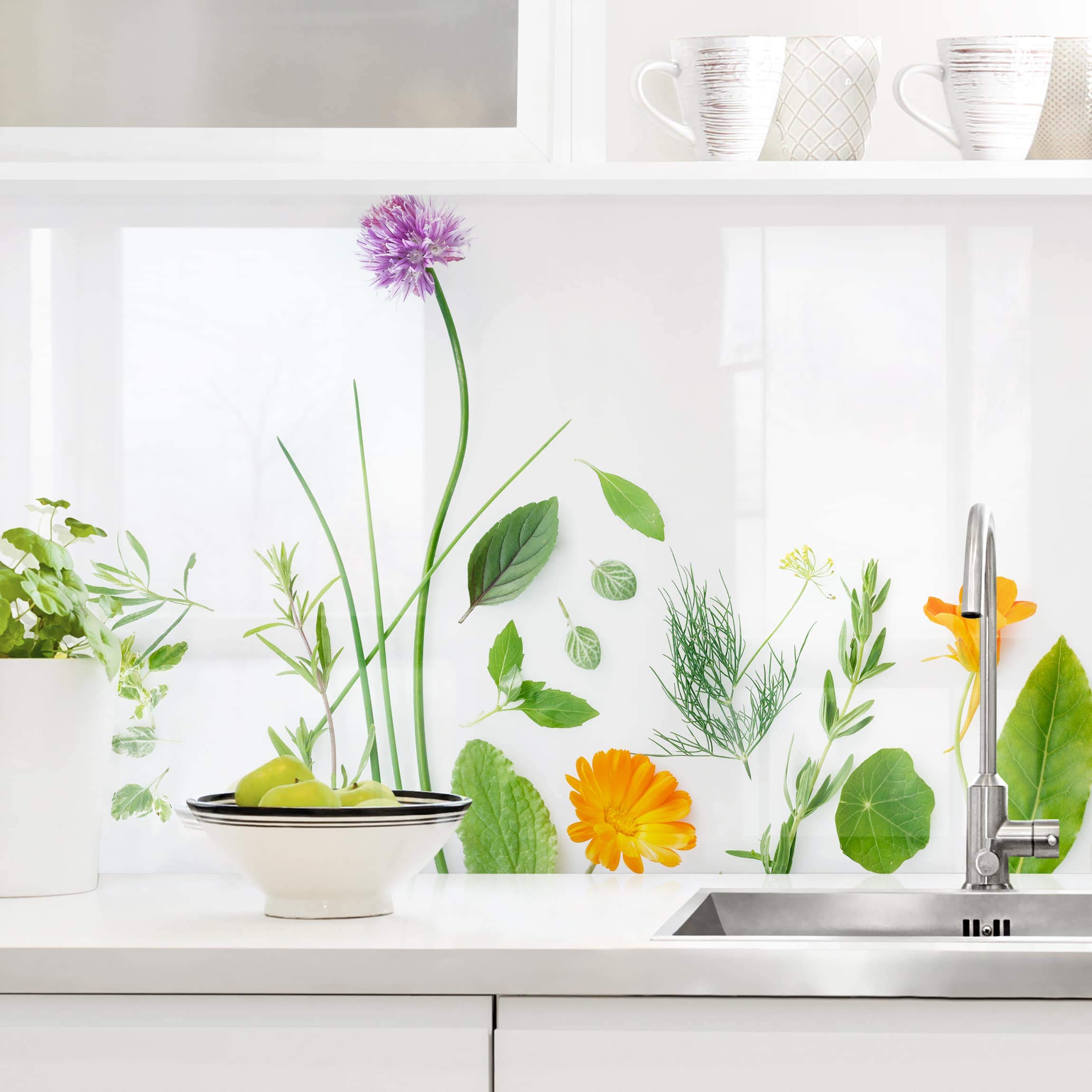 Bilderwelten Küchenrückwand Folie Glänzend 50x100 cm Kräuter und Blüten I Spritzschutz Fliesenspiegel Küche-Rückwand Motiv Klebefolie