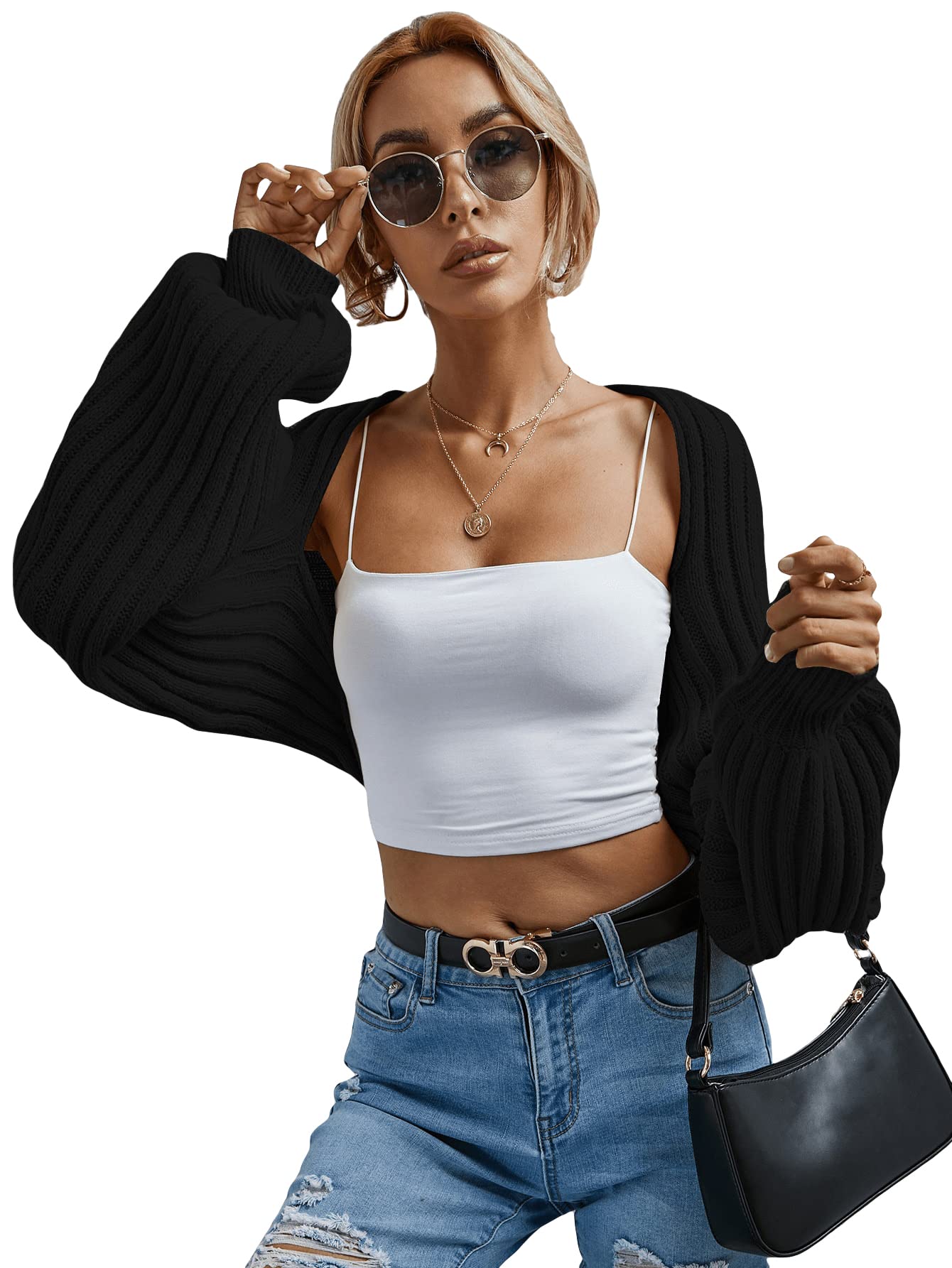 SheIn Women's Long Sleeve Open Front Crop Cardigan Drop Shoulder Shrug Ribbed Knit Bolero Sweater