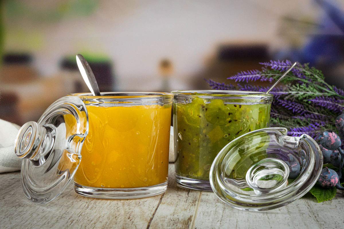 Sendez Lot de 2 boîtes à confiture en verre de 200 ml avec couvercle et cuillère en acier inoxydable - Pot à miel, boîte à parmesan et épices