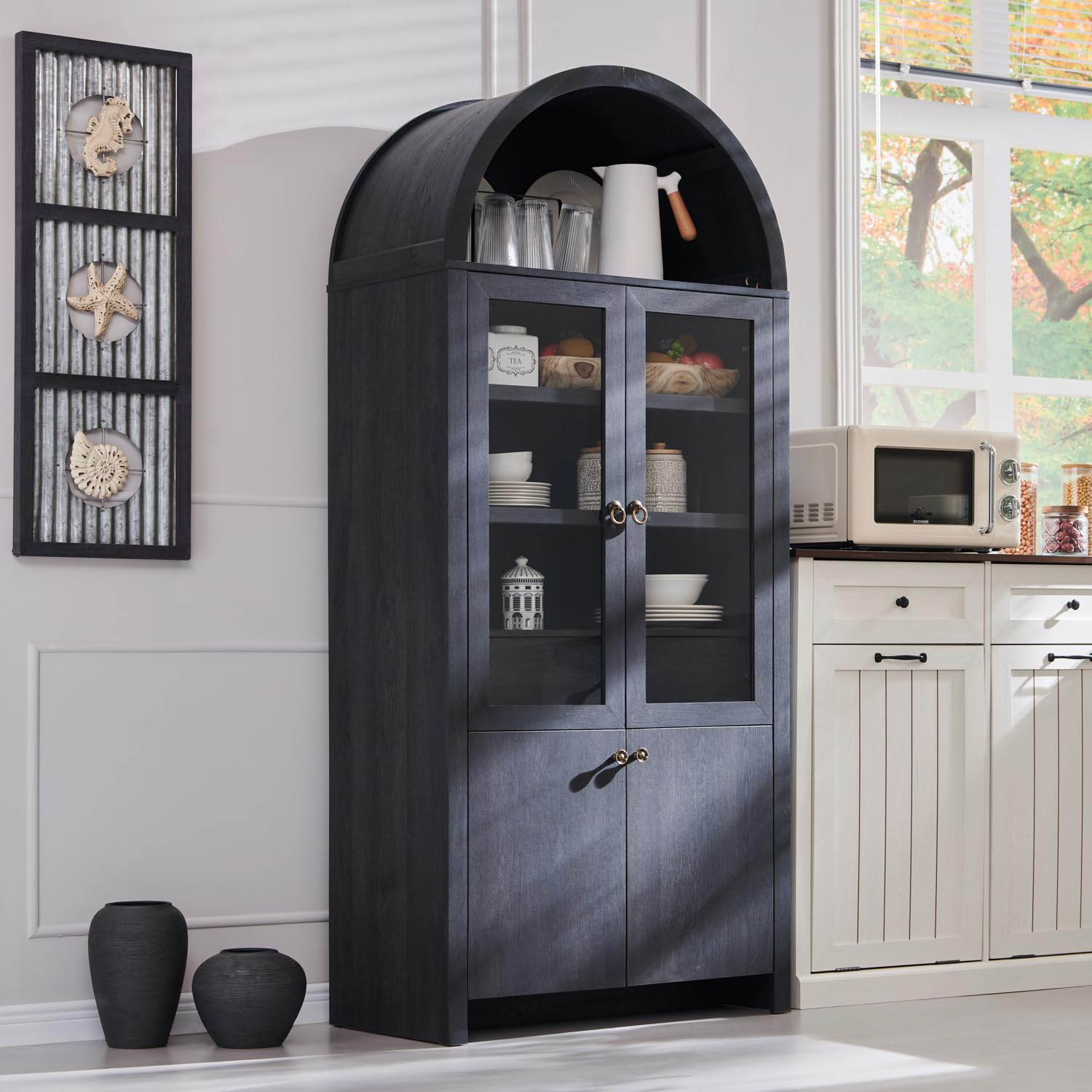 71" Tall Arched Kitchen Pantry Cabinet, Modern Farmhouse Kitchen Storage Cabinets with Open & Adjustable Shelves, Hidden Drawer & Glass Door, Versatile Cupboard for Kitchen, Dining Room, Grey