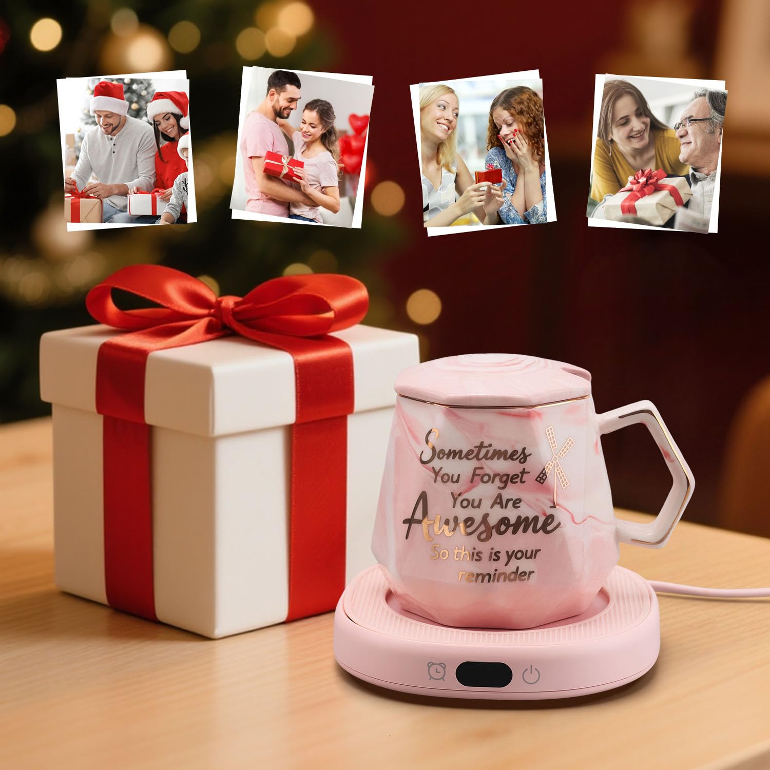 Juego de tazas de café con calentador de tazas y tazas inteligente con calefacción para computadora, oficina, 4 calentadores de té y café, 8 horas de apagado automático, regalo ideal para mujeres