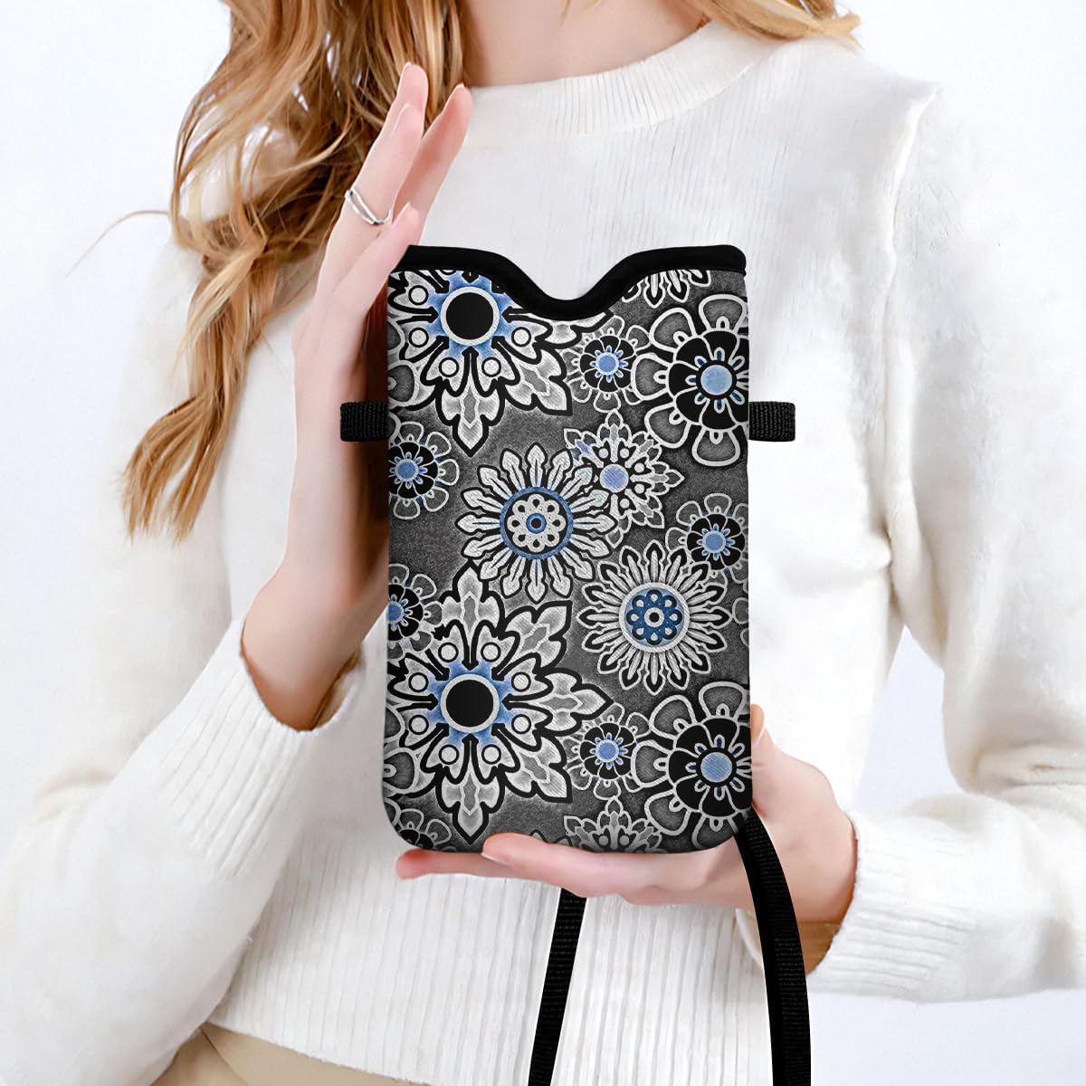 IRADA Neoprene Cell Phone Sleeve Pouch Case Bag with Crossbody Strap Neck Lanyard for Women Men 7.6 X 4.3 Inches-Vintage Boho-Grey Shockproof Universal Phone Bag - Image 5