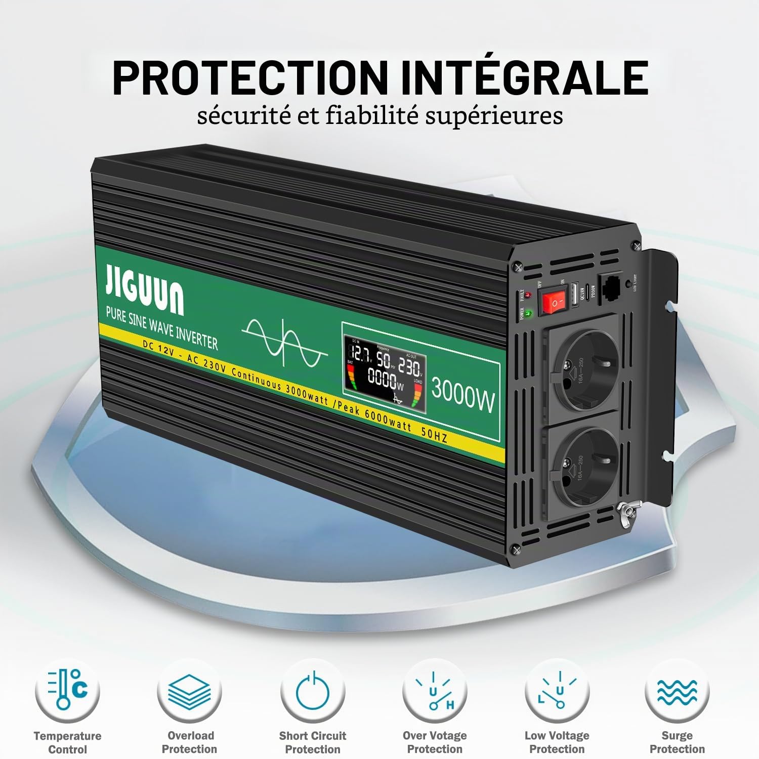 JIGUUN 3000W Convertisseur 12V 220V Pur Sinus Onduleur transformateur Puissance crête 6000W avec Télécommande Écran LCD 2 Prises EU 1 Port USB pour Voiture Camping Voyage Urgence (3000W 12V)