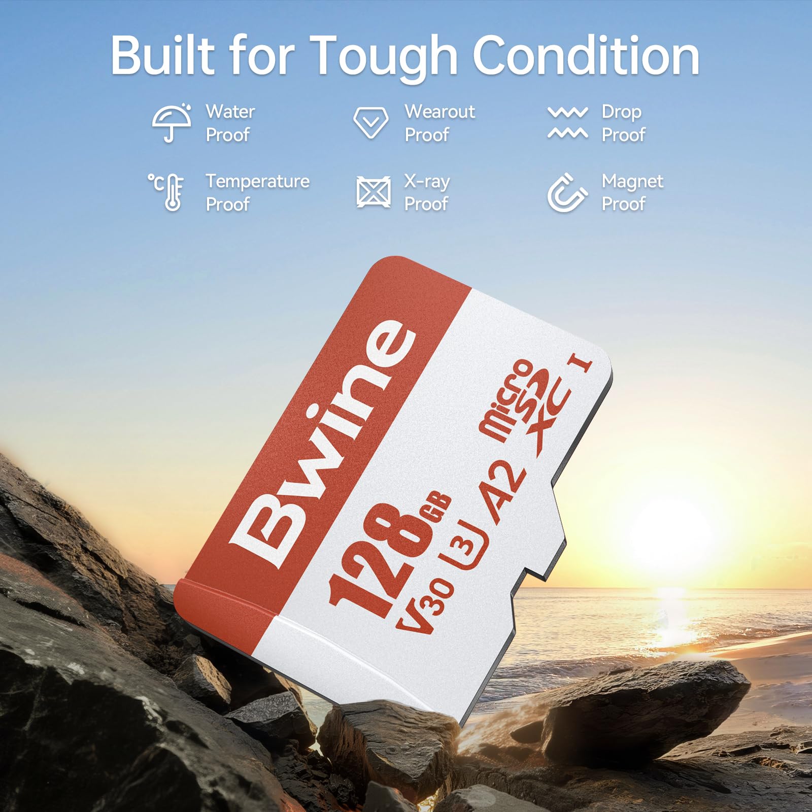Bwine Carte Micro SD 128 Go, vitesse de lecture jusqu'à 100 Mo/s, support vidéo 4K UHD, compatible avec appareil photo numérique, drone, commutateur, avec 1 lecteur et adaptateur, orange