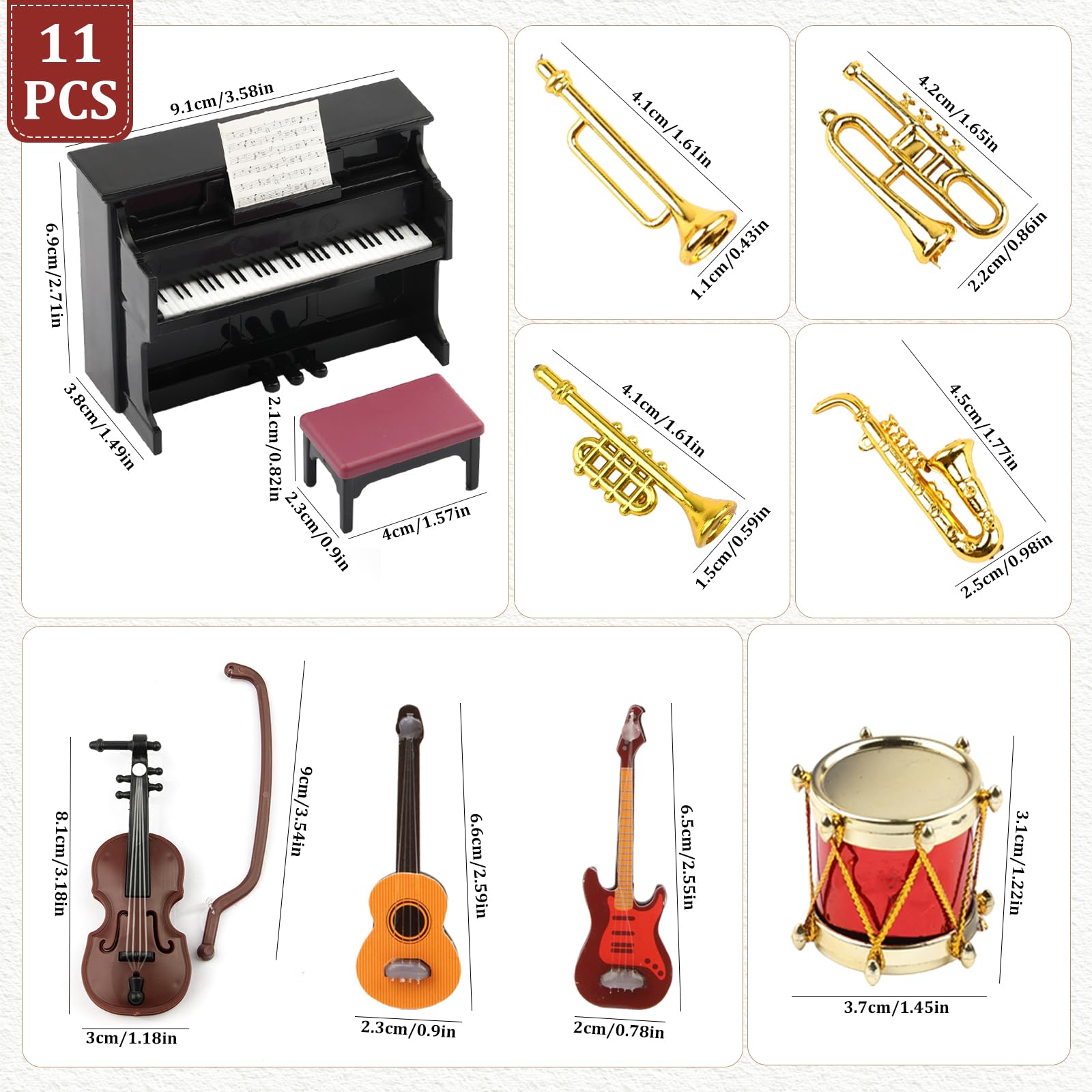Lot De 11 Instruments Miniatures 1:12 – Piano, Guitare, Trompette – Maison De Poupée