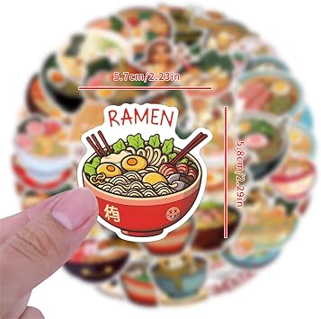 Ramen Stickers for Water Bottle and Laptop 55PCS Yummy Japanese Food Stickers, Foodie Party Favors & Decorations, Waterproof Vinyl Noodle Decals, Cute Ramen Stickers Laptop Decals