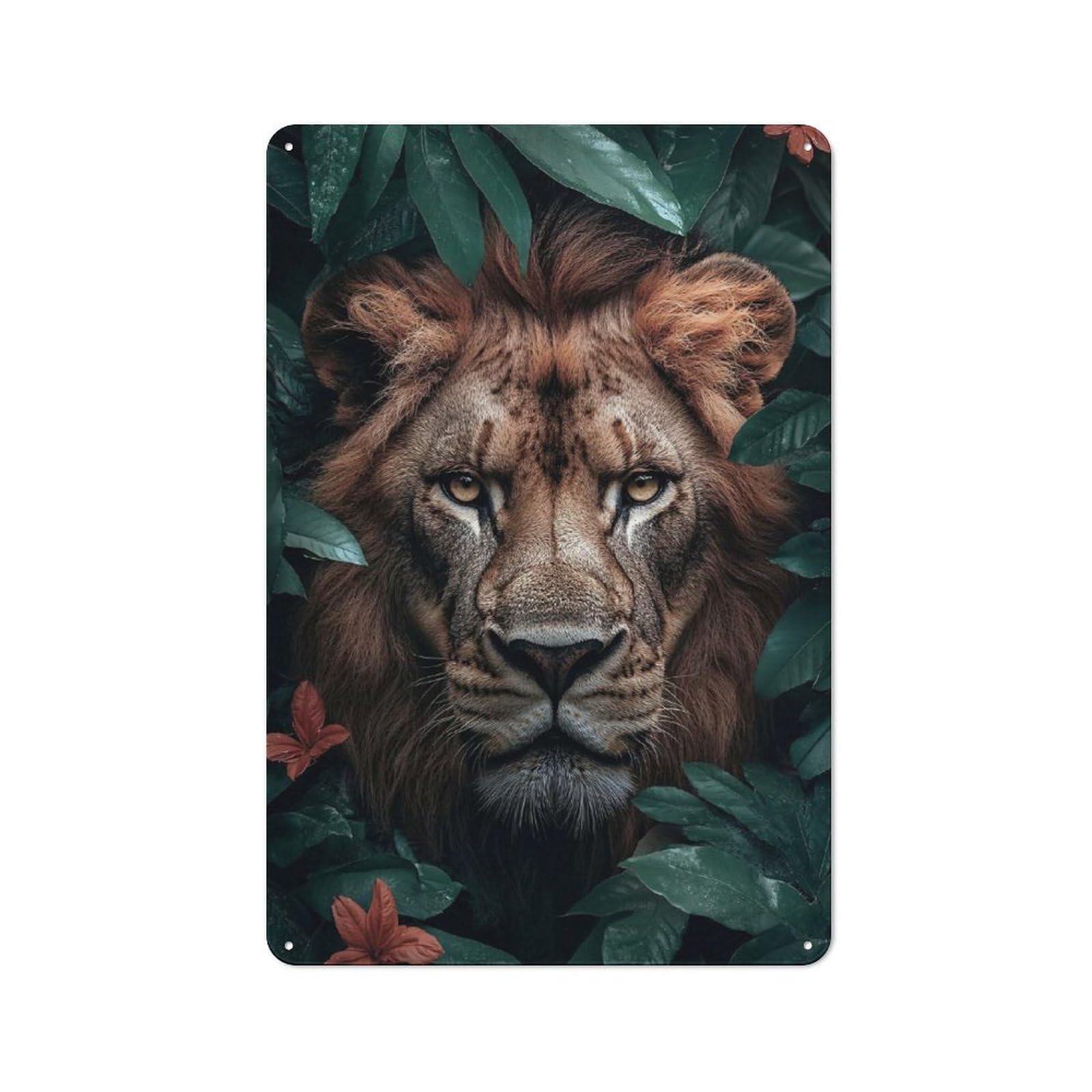 Junmoney Style-14 Majestic Lion In Lush Greenery Rustic Tin Wall Plaque 30X20cm For Hobby Room Or Studio, A Christmas Gift For People Styling Hobby Room And Studio