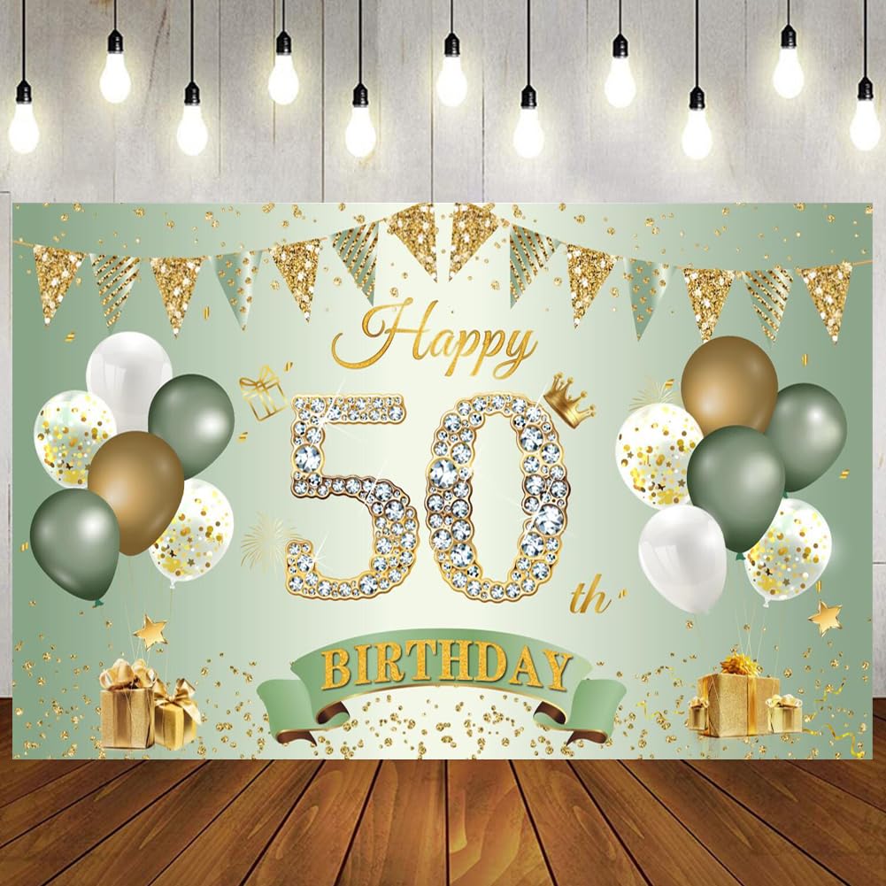 Happy 50th Birthday Banner Sage Green Gold, 1.1 x 1.8 m Happy Birthday Backdrop Banner 50th birthday Decorations for Women Men, 50 Years Old BIRTHDAY Anniversary Party Supplies
