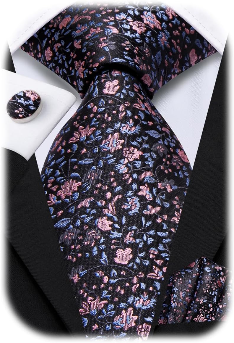 Hi-Tie Paisley Floral Ties Set for Men Silk Mens Stripes Necktie Pocket Square Cufflinks Set Formal Business